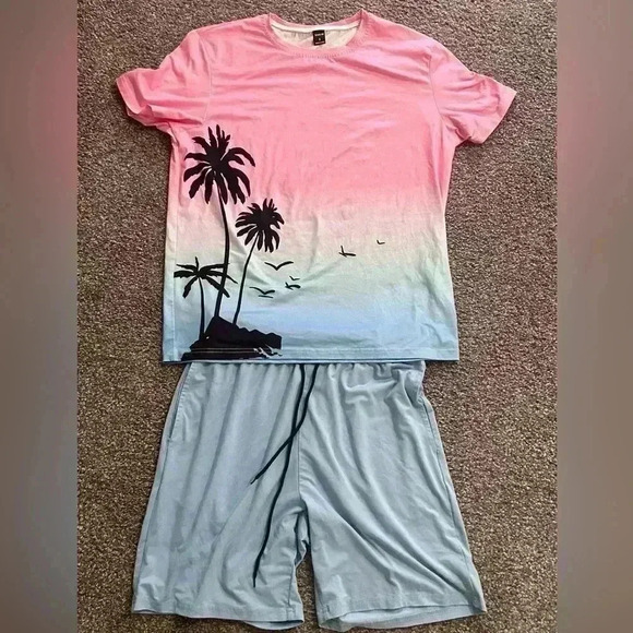 Mens shorts and shirt set. Sunset. Size small. Pink and blue - Picture 1 of 3